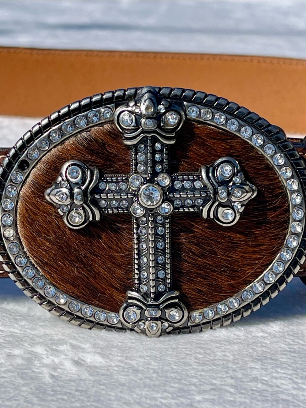 Nocona Western Leather Cross Rhinestone Belt Calf Hair Buckle Inlay Womens Sz 34